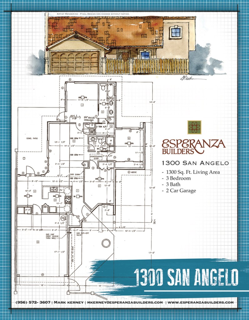 Artist rendering and floorplan for 1300 San Angelo at River Bend Resort & Golf Club